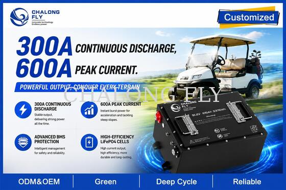 51.2V 105Ah LiFePO4 Golf Cart Battery with 5376Wh Capacity and Smart BMS for 48V Lead-Acid Conversion